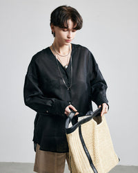 Loose-Fit Long-Sleeve V-Neck Linen Shirt