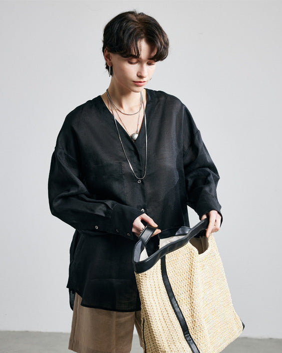 Loose-Fit Long-Sleeve V-Neck Linen Shirt