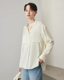Loose-Fit Long-Sleeve Silk Shirt With Stand Collar