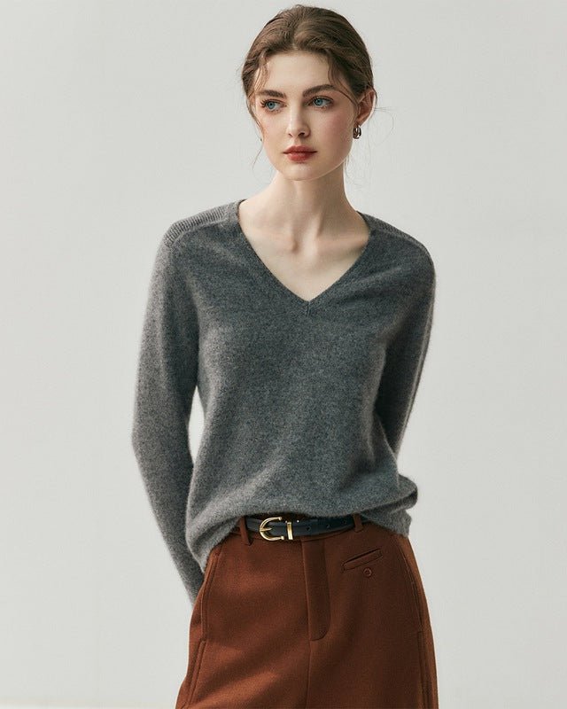 Cashmere V-Neck Saddle Shoulder Knit Sweater