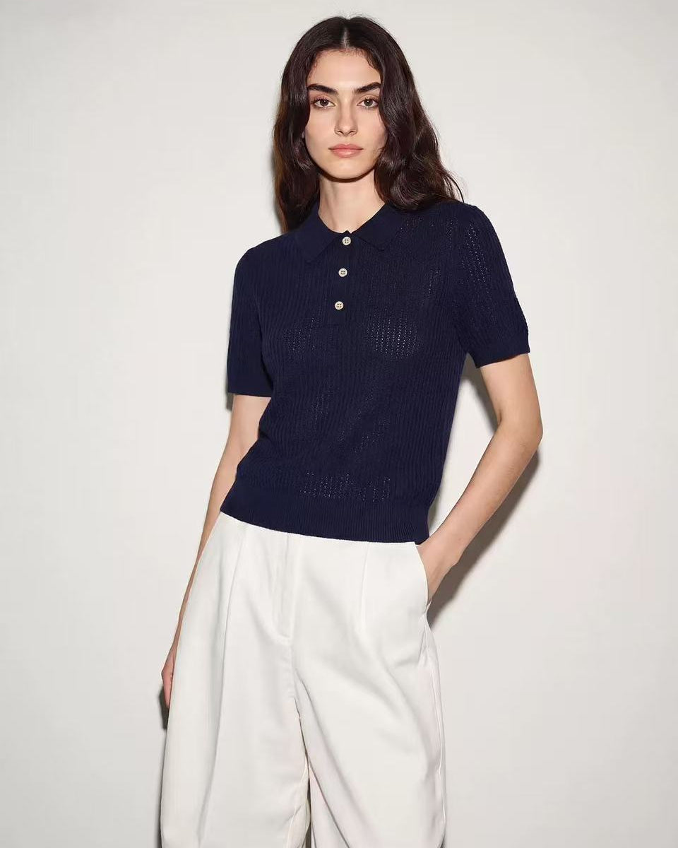 Wool Openwork Polo Collar Short-Sleeved Sweater