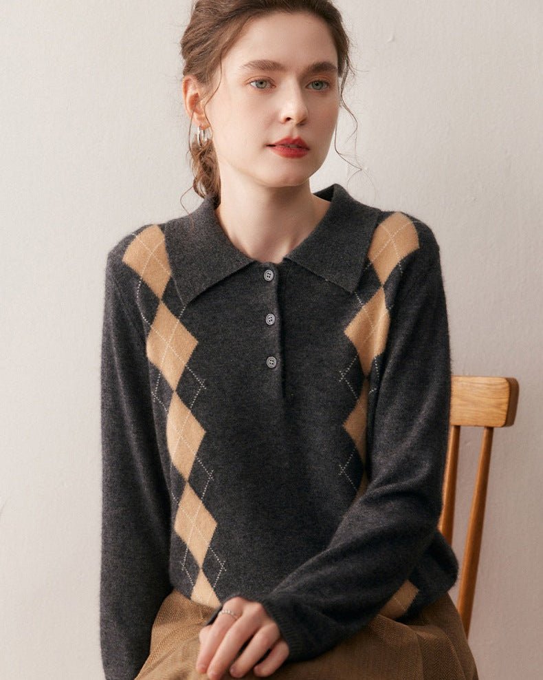 Cashmere Polo Collar Diamond Pattern Sweater
