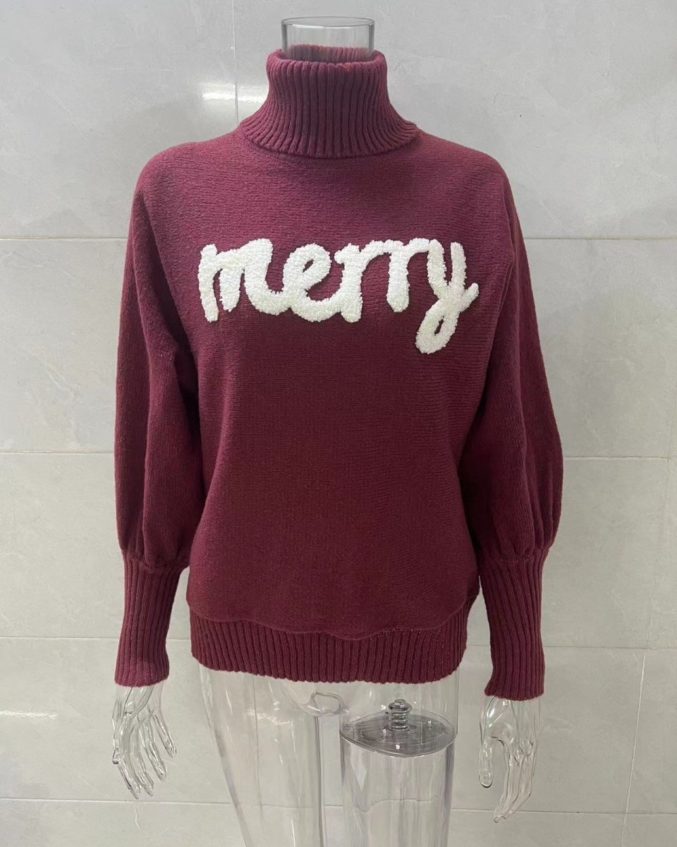 High-Neck Batwing Sleeve Christmas Knit Sweater