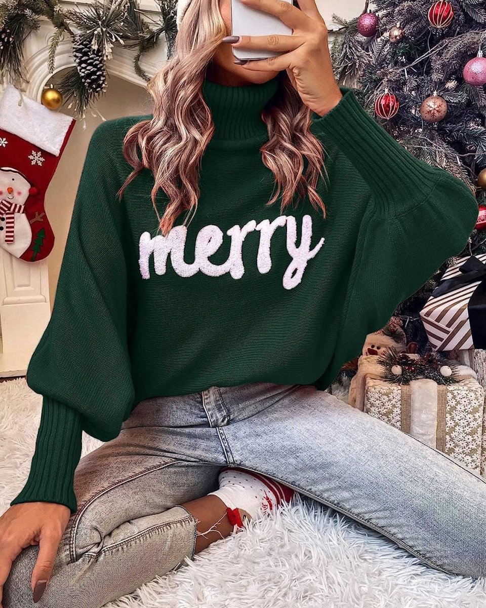 High-Neck Batwing Sleeve Christmas Knit Sweater