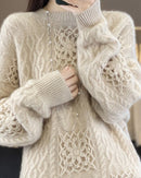 Wool Crew Neck Openwork Loose Slimming Sweater