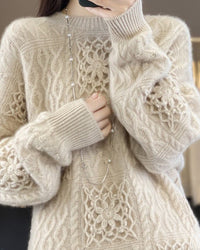 Wool Crew Neck Openwork Loose Slimming Sweater
