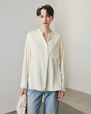 Loose-Fit Long-Sleeve Silk Shirt With Stand Collar