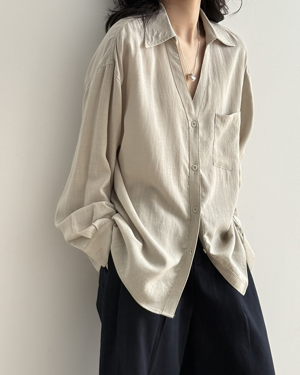 Loose-Fit V-Neck Button-Down Shirt