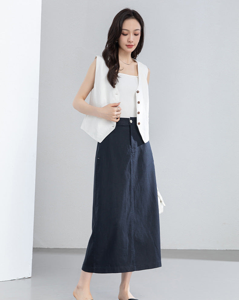 Retro Linen-Blend Straight Skirt