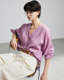 Loose-Fit Long-Sleeve V-Neck Linen Shirt