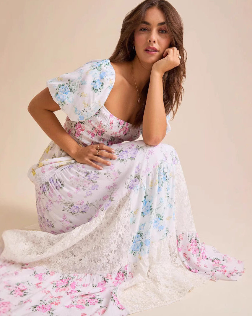 Puff-Sleeved Printed Pleated Dress