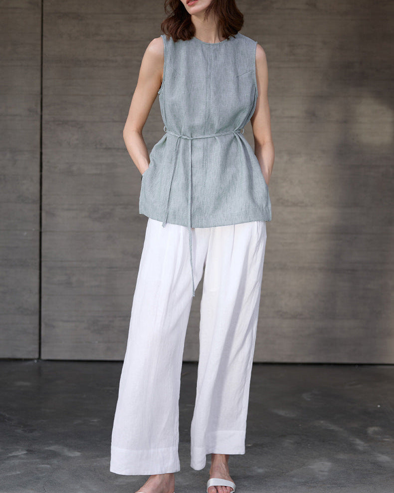 Mid-Length Crew Neck Linen Vest
