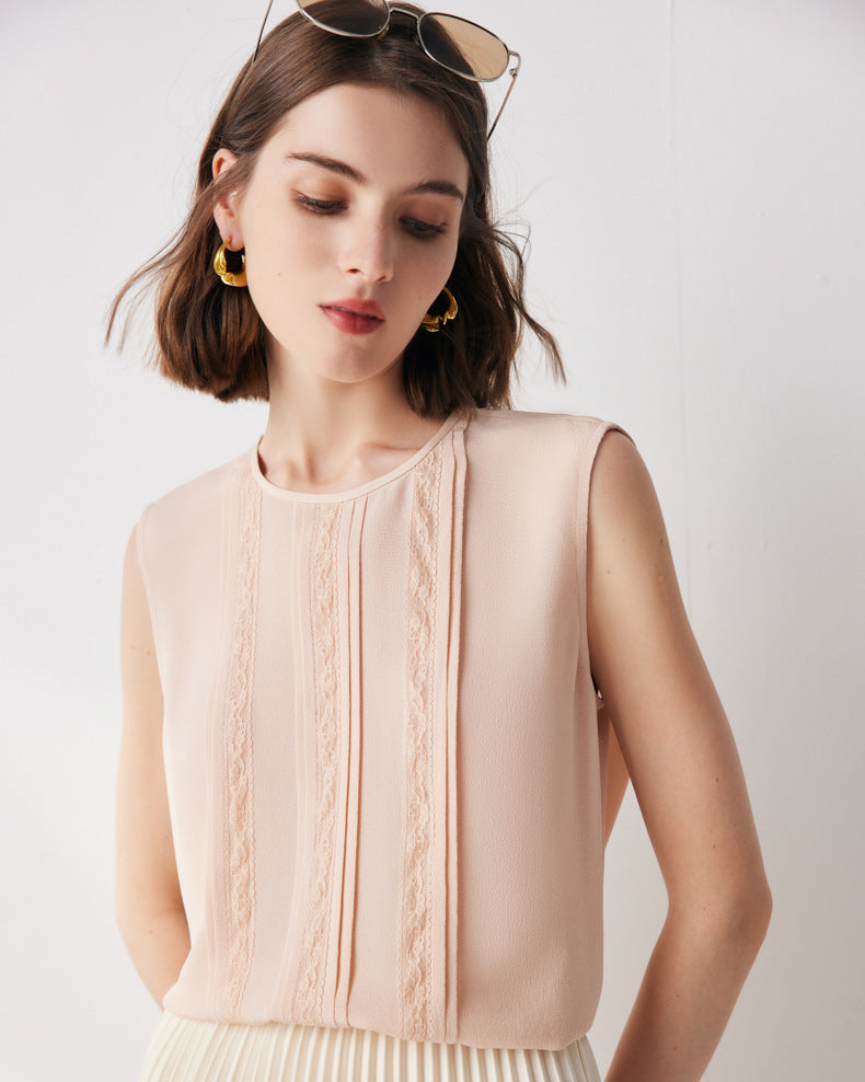 Lace-Paneled Sleeveless Silk Shirt