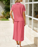 Collared Short-Sleeved Slit Skirt Two-Piece Set