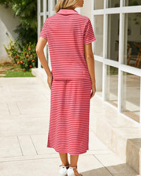 Collared Short-Sleeved Slit Skirt Two-Piece Set