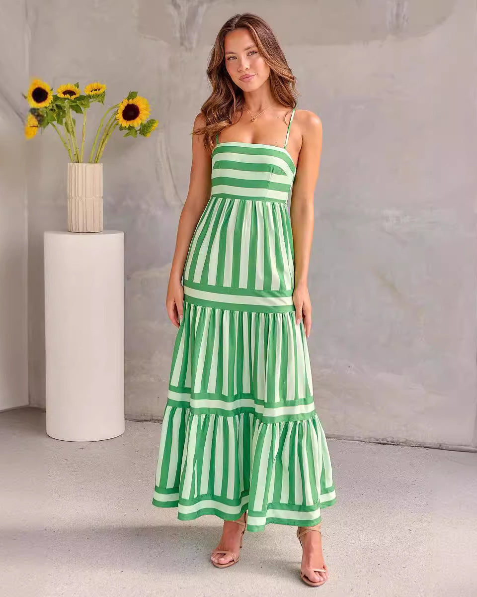Discover our lightweight striped maxi dress with tiered ruffles, square neck, and spaghetti straps.