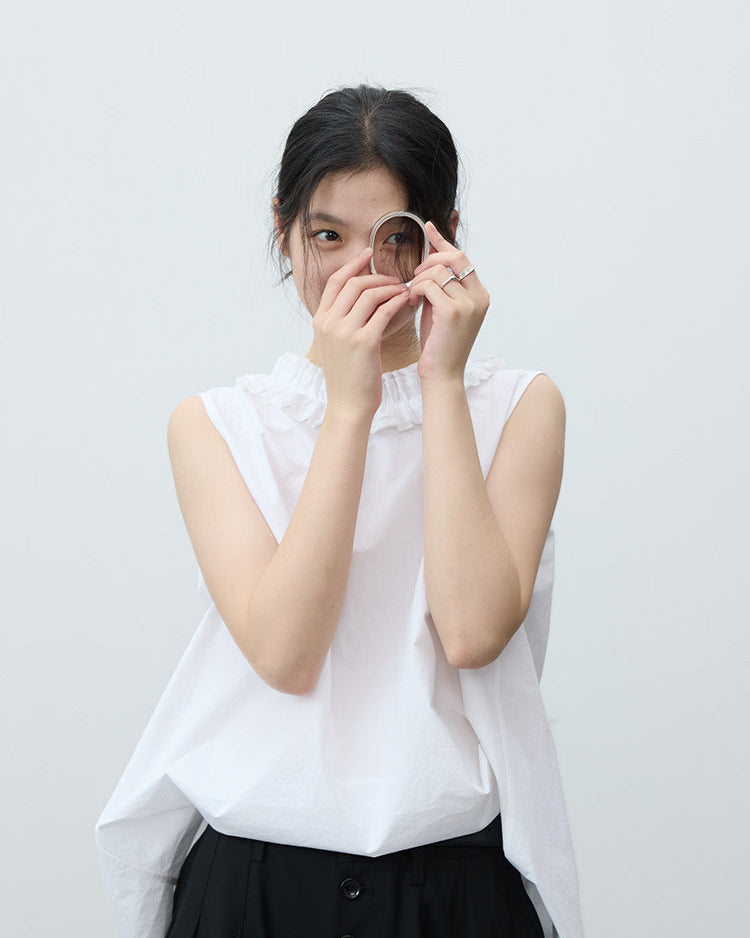 Ruffled V-Neck Button-Down Shirt