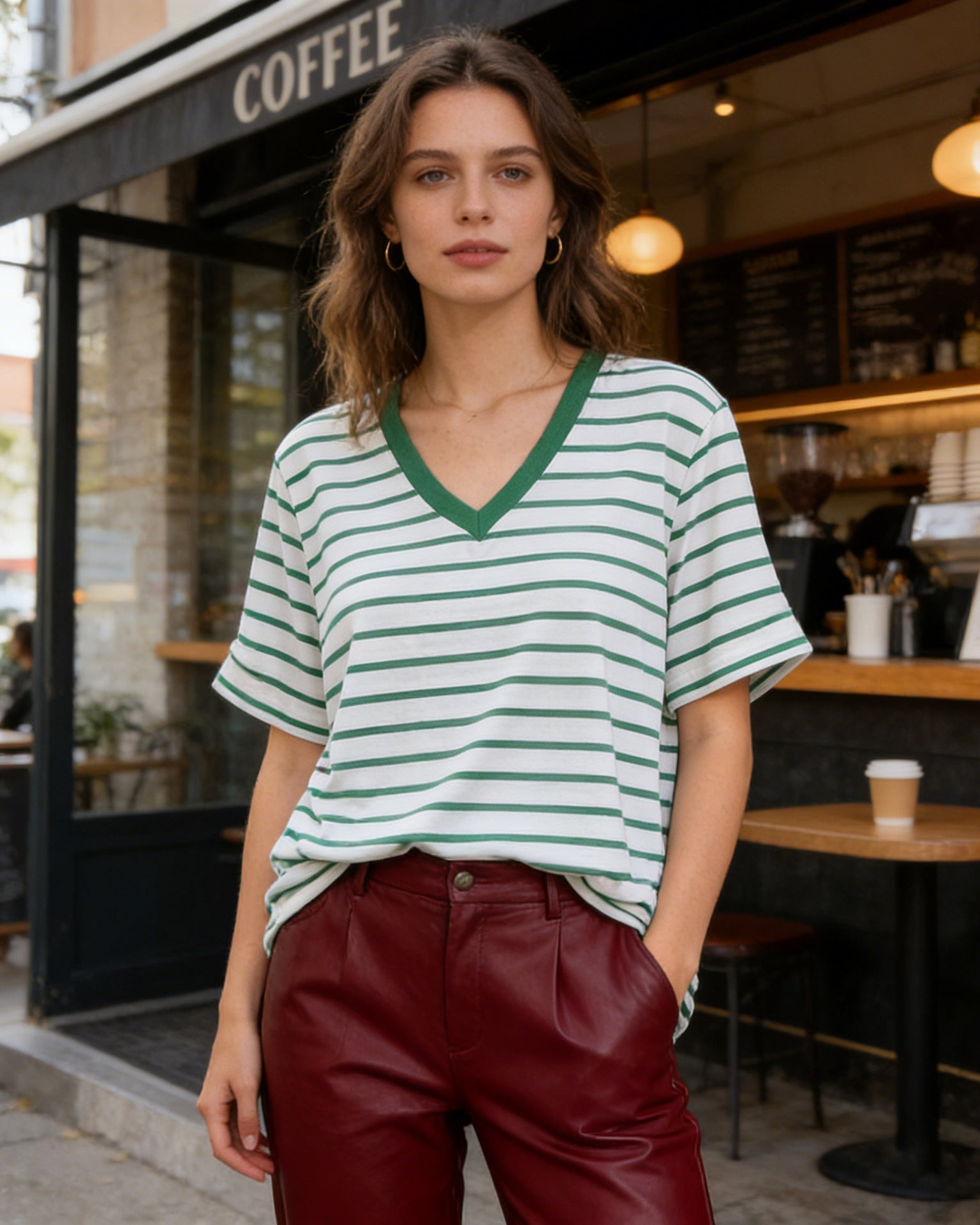 Loose-Fit Striped V-Neck T-Shirt