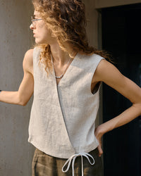 Linen V-Neck Sleeveless Tie-Front Vest