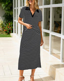 Collared Short-Sleeved Slit Skirt Two-Piece Set