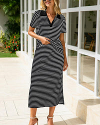 Collared Short-Sleeved Slit Skirt Two-Piece Set