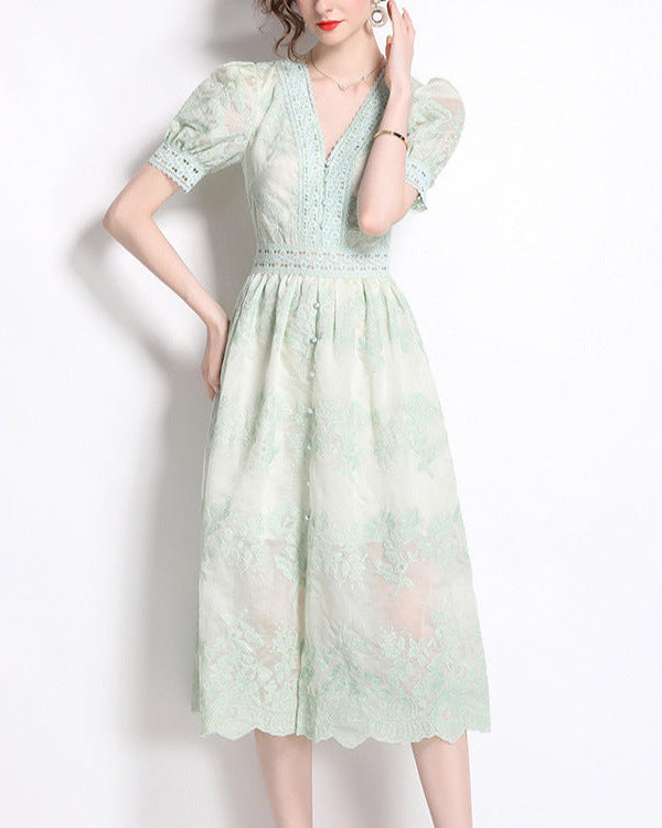 French V-Neck Single-Breasted Dress