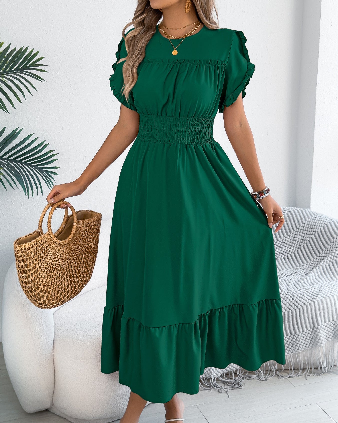 Casual Short-Sleeved Slim-Fit Long Dress