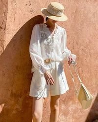 V-Neck Lace-Trimmed Puff-Sleeve Blouse