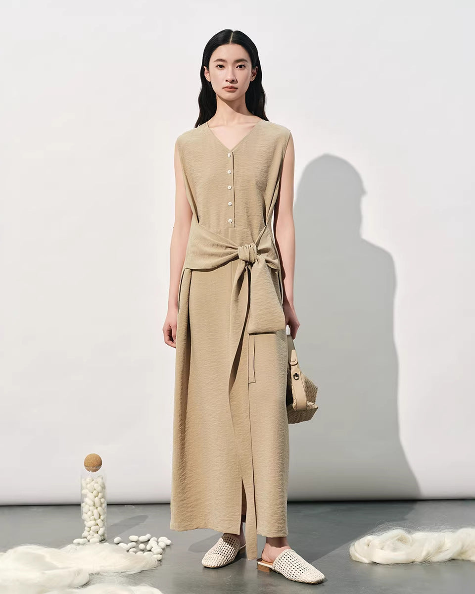 V-Neck Sleeveless Tie-Up Slit Dress