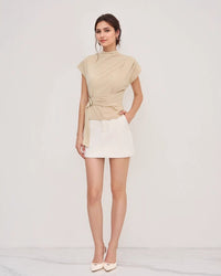 Semi-High Neck Short-Sleeve Waist-Defining Top