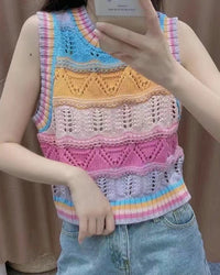 Rainbow Acrylic Knitted O-Neck Hollow Out Vest