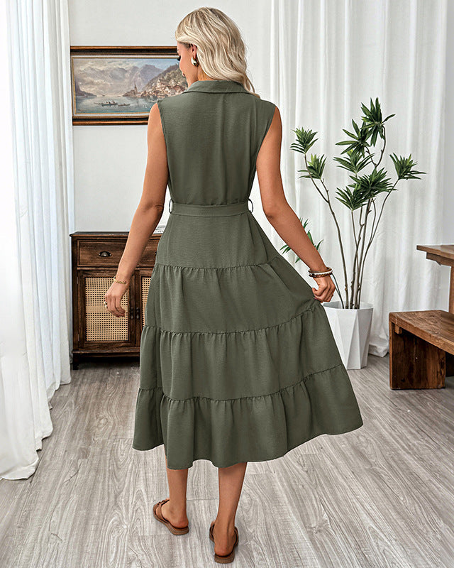Casual Retro Style Sleeveless Collared Dress