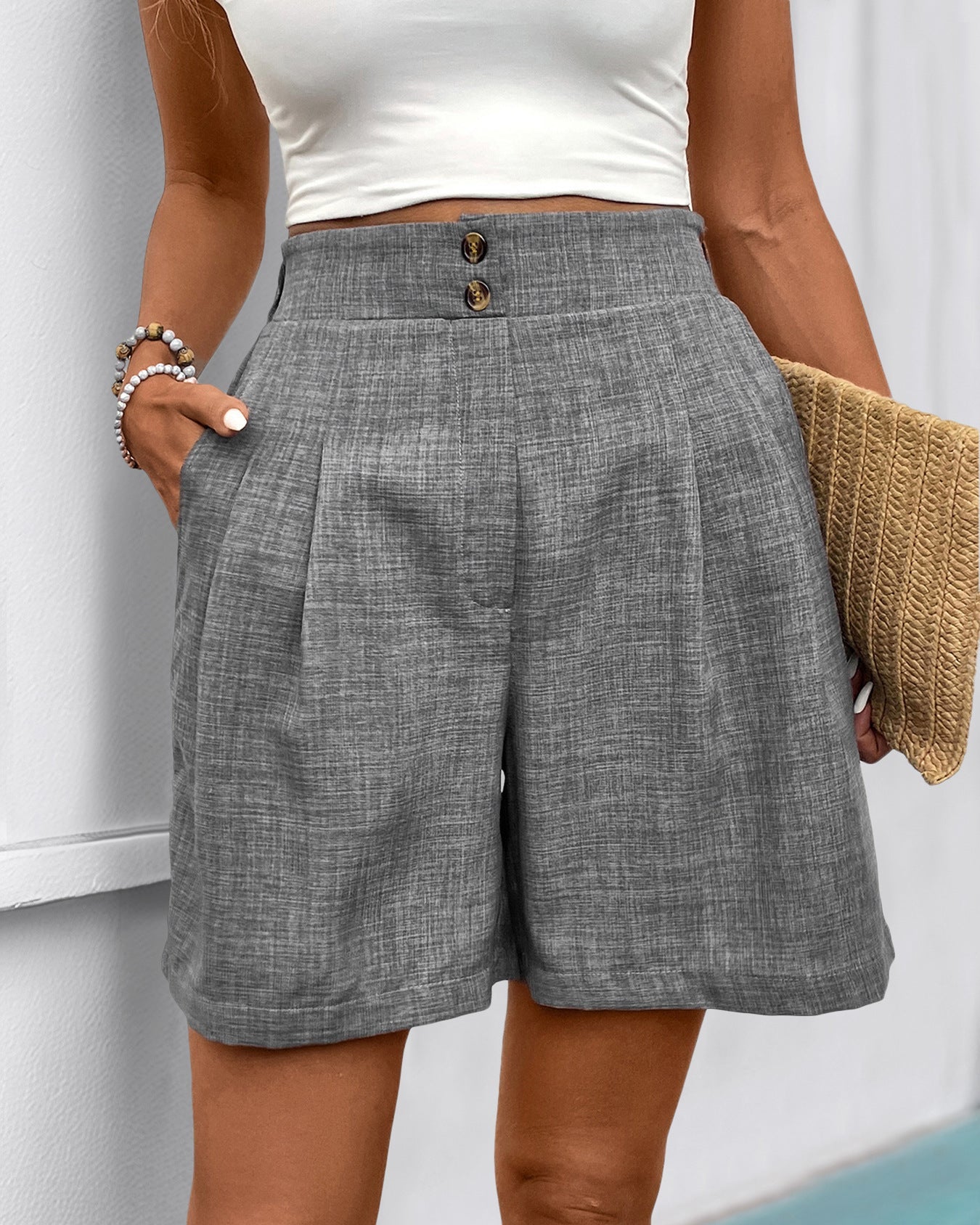 Solid-Color High-Waisted Straight-Leg Shorts