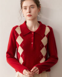 Cashmere Polo Collar Diamond Pattern Sweater