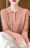 Wool Cardigan Polo Collar Knit Sweater