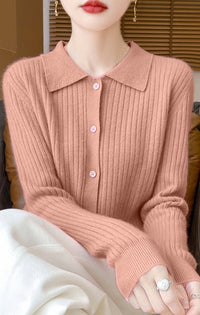 Wool Cardigan Polo Collar Knit Sweater