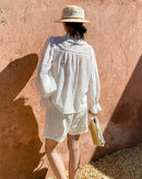 V-Neck Lace-Trimmed Puff-Sleeve Blouse