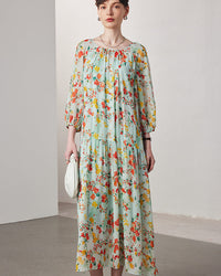 Printed Silk Three-Quarter Sleeve Dress