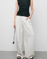 Elegant high waisted striped wide leg pants, crafted from soft and breathable linen blend fabric, perfect for spring and summer minimalism, showcasing a relaxed silhouette.