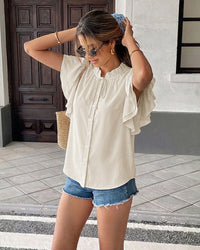 Ruffled Sleeve Casual Solid Color Shirt