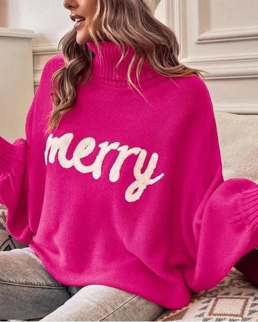 High-Neck Batwing Sleeve Christmas Knit Sweater