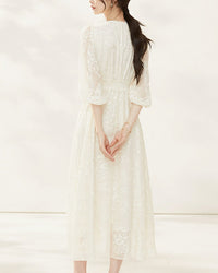 Silk-Embroidered Three-Quarter Sleeve Dress