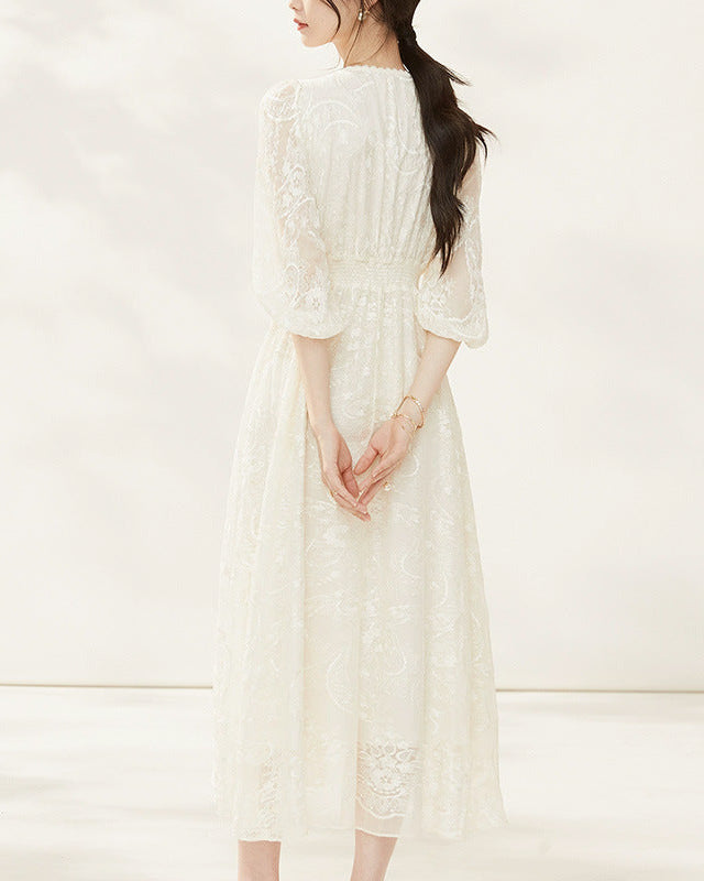 Silk-Embroidered Three-Quarter Sleeve Dress