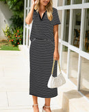 Collared Short-Sleeved Slit Skirt Two-Piece Set
