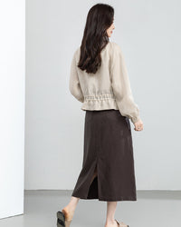 Retro Linen-Blend Straight Skirt