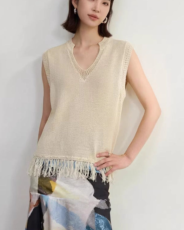 Casual V-Neck Fringed Knit Vest