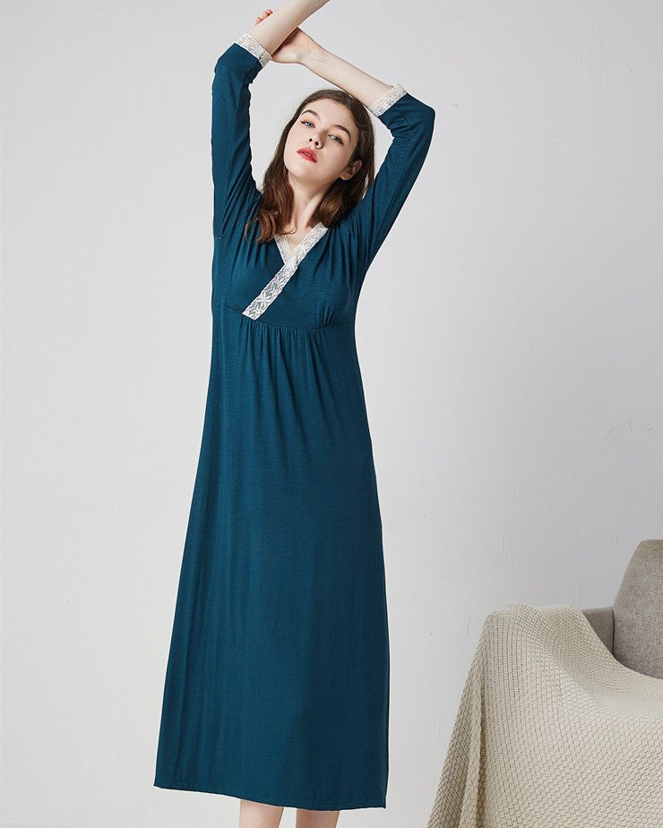 V-Neck Long Sleeve Nightgown Dress