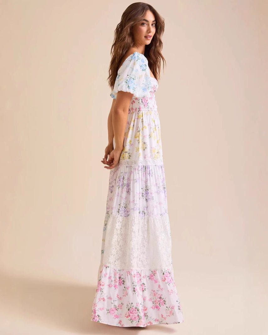 Puff-Sleeved Printed Pleated Dress