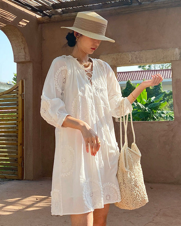 Pure Cotton Embroidered V-Neck A-Line Dress