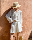 V-Neck Lace-Trimmed Puff-Sleeve Blouse